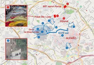 Map of massacre military-police action in Penha and Alemão.